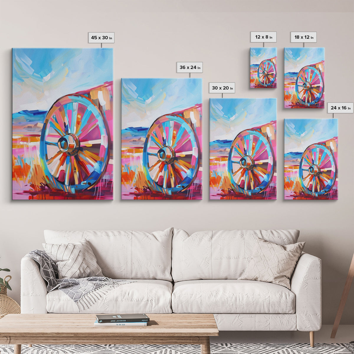 Rustic Wagon Wheel Art - Framed Canvas Print, Colorful Farmhouse Decor, Vibrant Wheel Wall Art, Unique Living Room Artwork