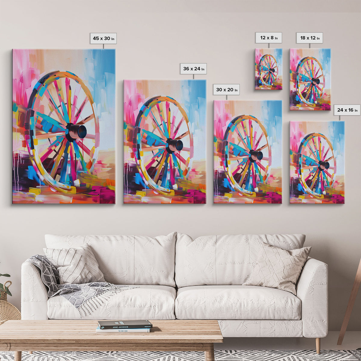 Vintage Wagon Wheel Canvas Art - Framed Canvas Print, Rustic Farmhouse Decor, Colorful Wheel Wall Art, Retro Bedroom Decoration