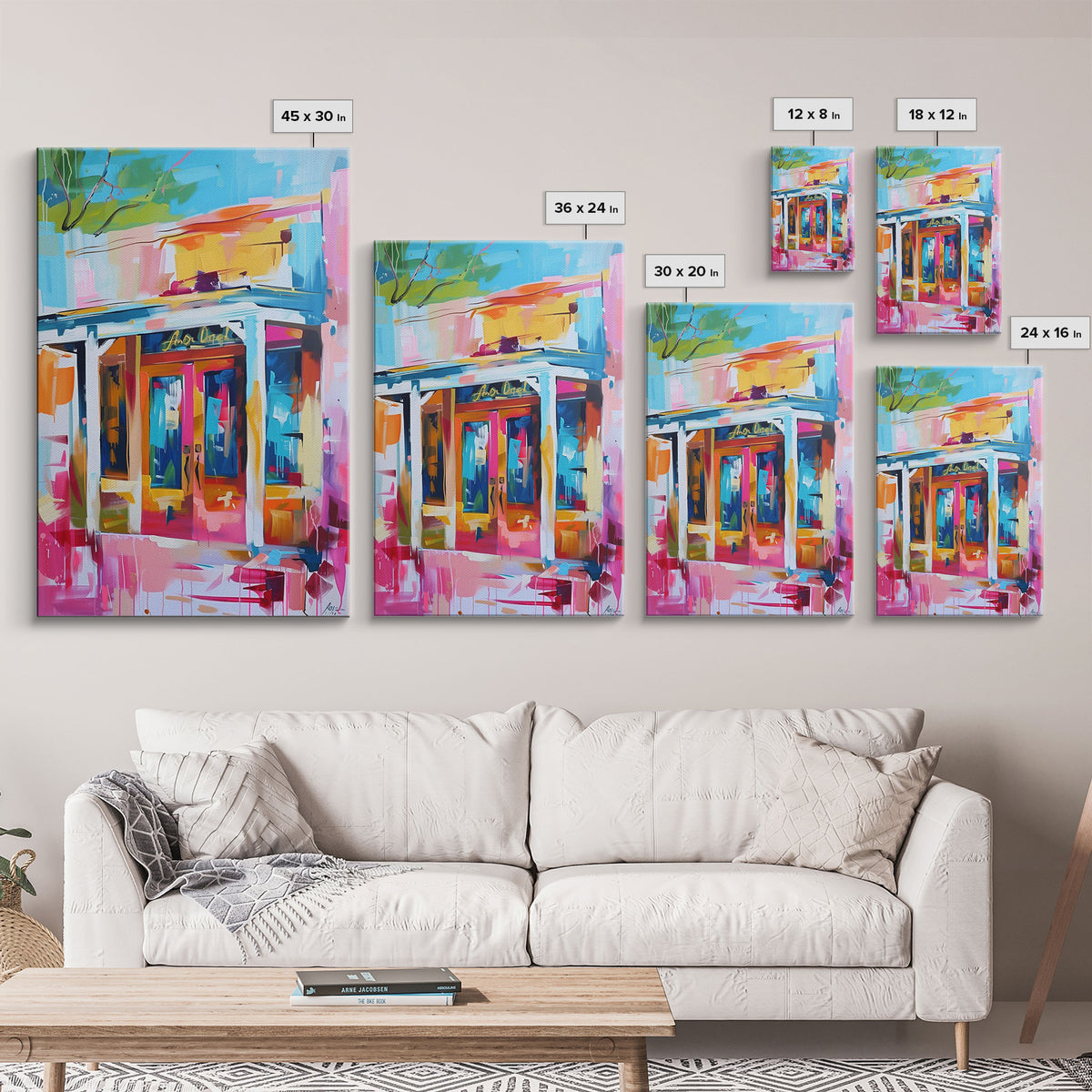 Colorful Abstract Storefront - Framed Canvas Print, Urban Landscape Art, City Vibes Decor for Home or Office