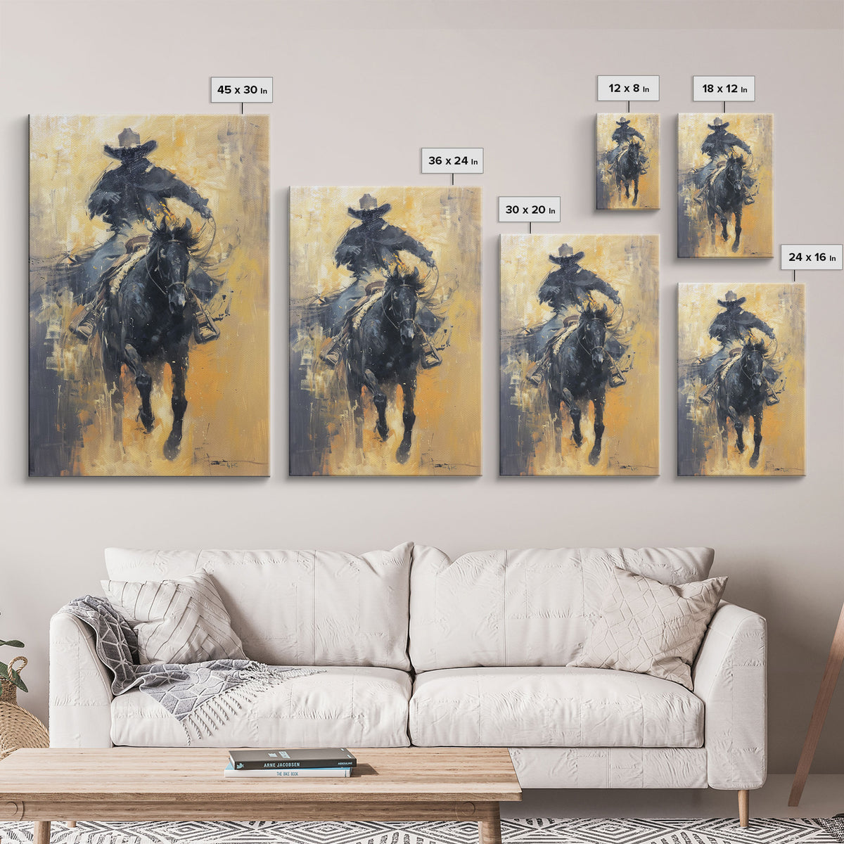 Dynamic Cowboy on Horseback Framed Canvas Print - Energetic Western Decor, Action Wall Art for Living Room, Bedroom