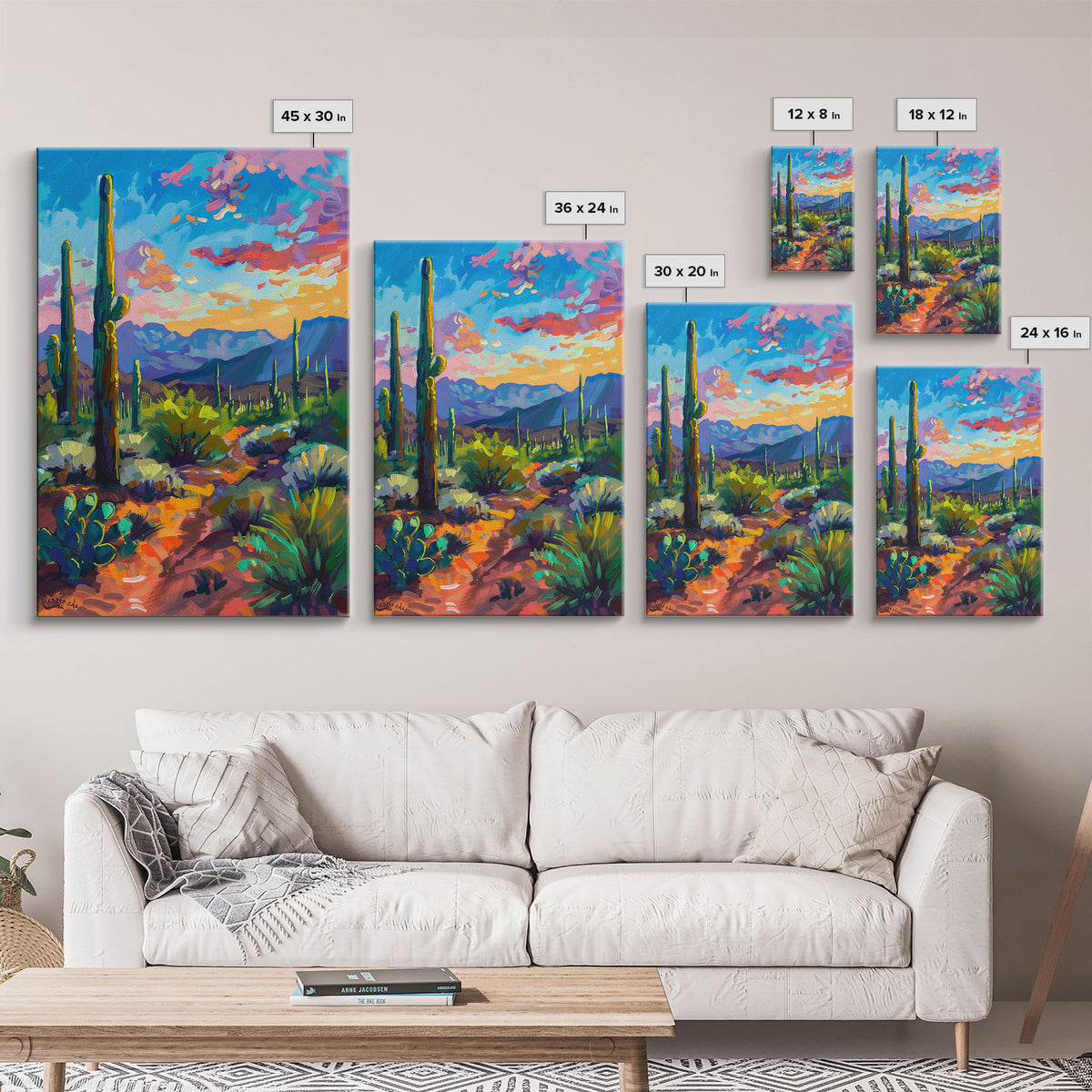 Framed Canvas Print, Cactus and Desert Path Wall Art, Vibrant Southwest Landscape for Living Room or Bedroom, Nature Art Poster Piece