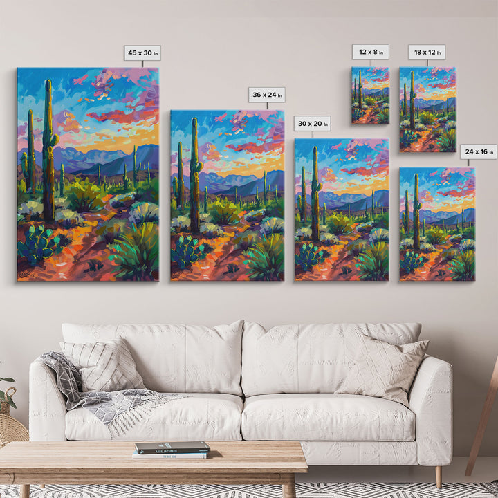 Framed Canvas Print, Cactus and Desert Path Wall Art, Vibrant Southwest Landscape for Living Room or Bedroom, Nature Art Poster Piece