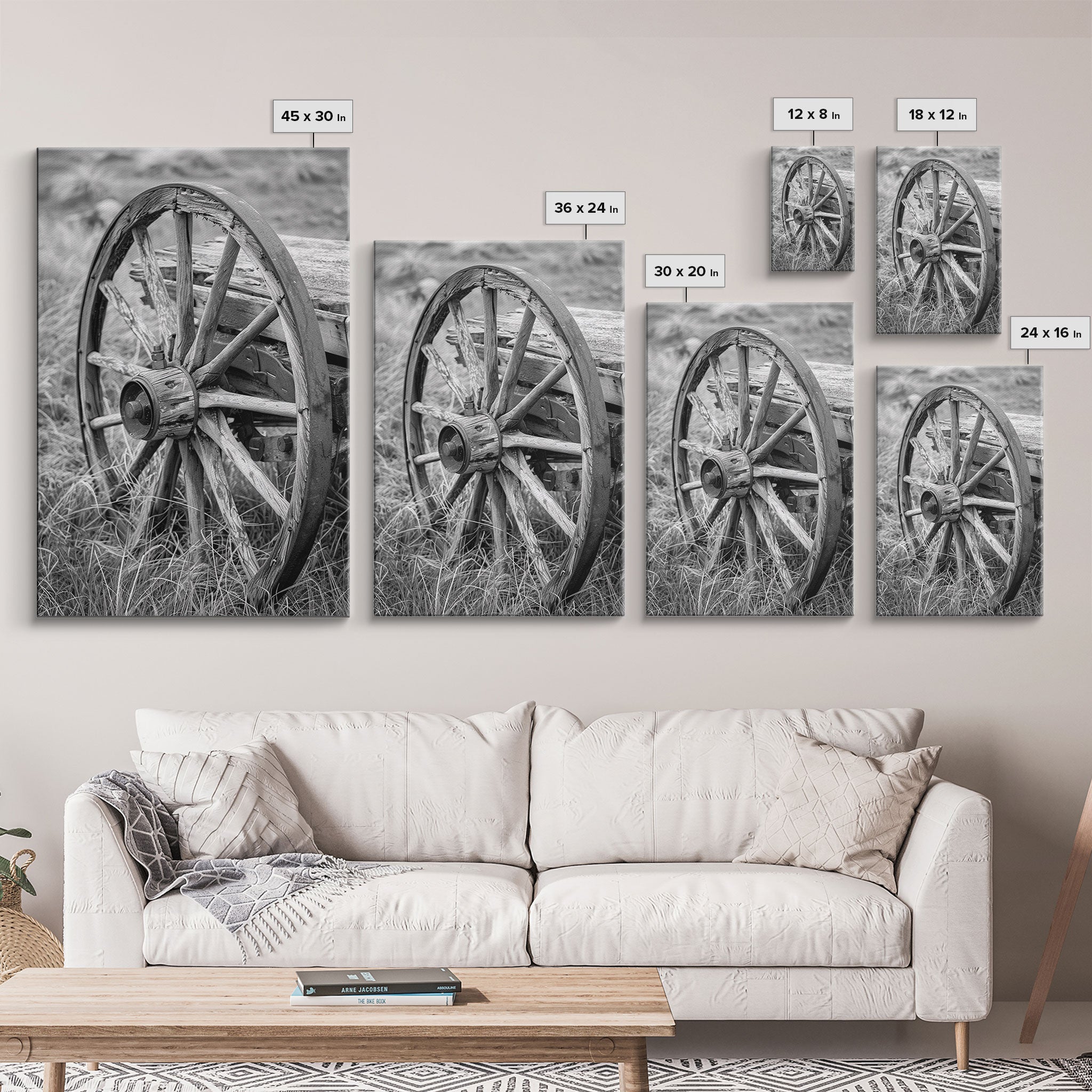 Weathered wagon wheel in tall grass, black and white photography, Framed Canvas Print, rustic Western decor, vintage wall art for home