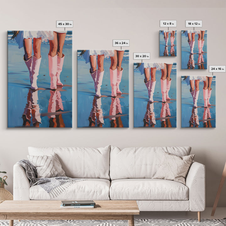 The Beach Cowgirls pink cowboy boots on a beach, artistic reflection Framed Canvas Print - beach decor, fashion art, summer vibes