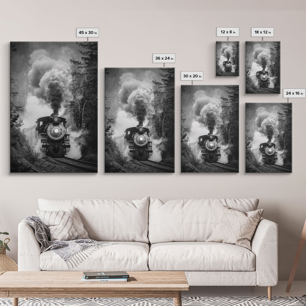 Steam Locomotive in the Forest Black and White Photography - Framed Canvas Print, Railroad Art, Vintage Train Wall Art for Home