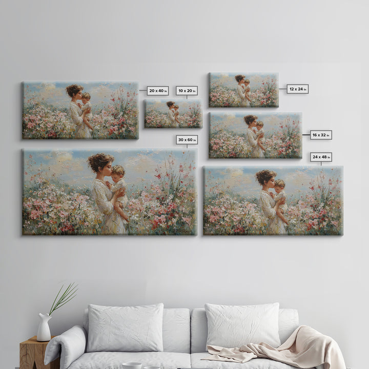 Mother Holding Baby In Sunlit Flower Field Wall Art, Impressionist Floral Canvas Print, Nursery Decor, Gift For Mom, Living Room Decor