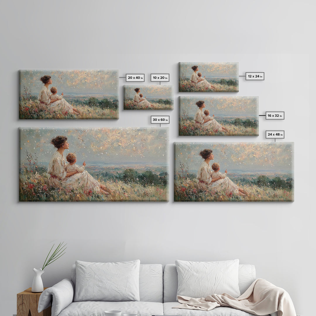 Mother And Child Watching Ocean Sunset Framed Canvas Print, Coastal Wildflower Wall Art, Calming Bedroom Decor Gift For Her