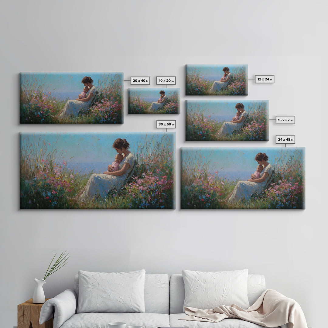 Mother Nursing Baby In Blue Meadow Canvas Print, Wildflower Wall Art, Peaceful Nursery Decor, Gift For New Mom, Boho Home Decor