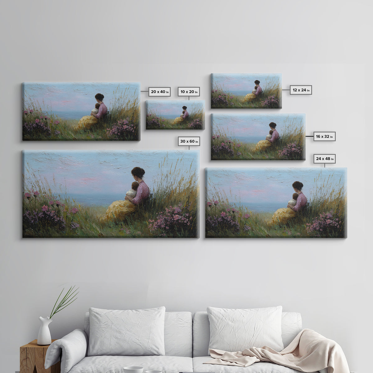 Mother And Child Beside Quiet Lake Wall Art, Impressionist Meadow Framed Canvas Print, Calming Nursery Decor Gift For Her
