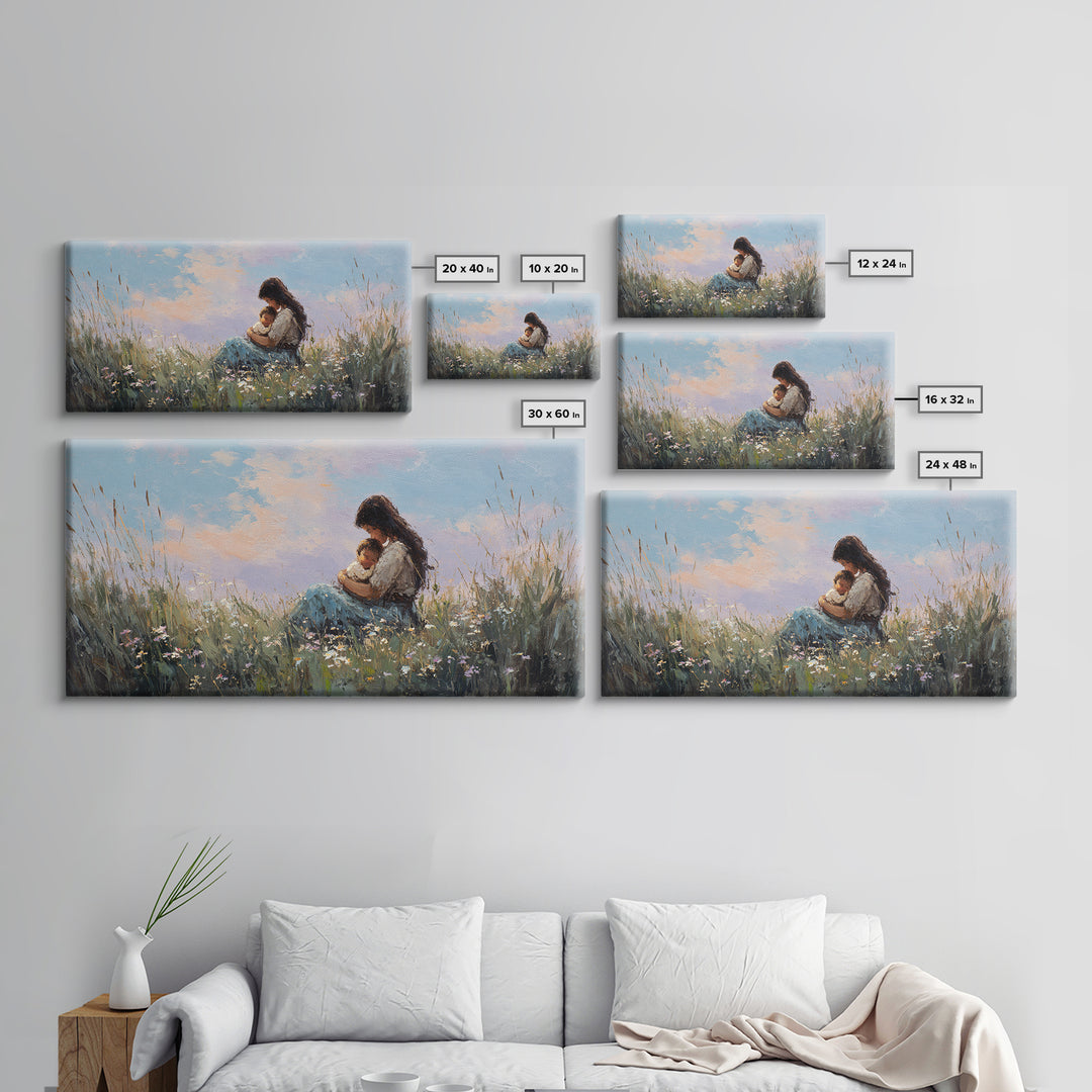 Mother Holding Baby At Sunset Meadow Canvas Print, Boho Wildflower Wall Art, Nursery Decor, Gift For New Mom, Bedroom Decor