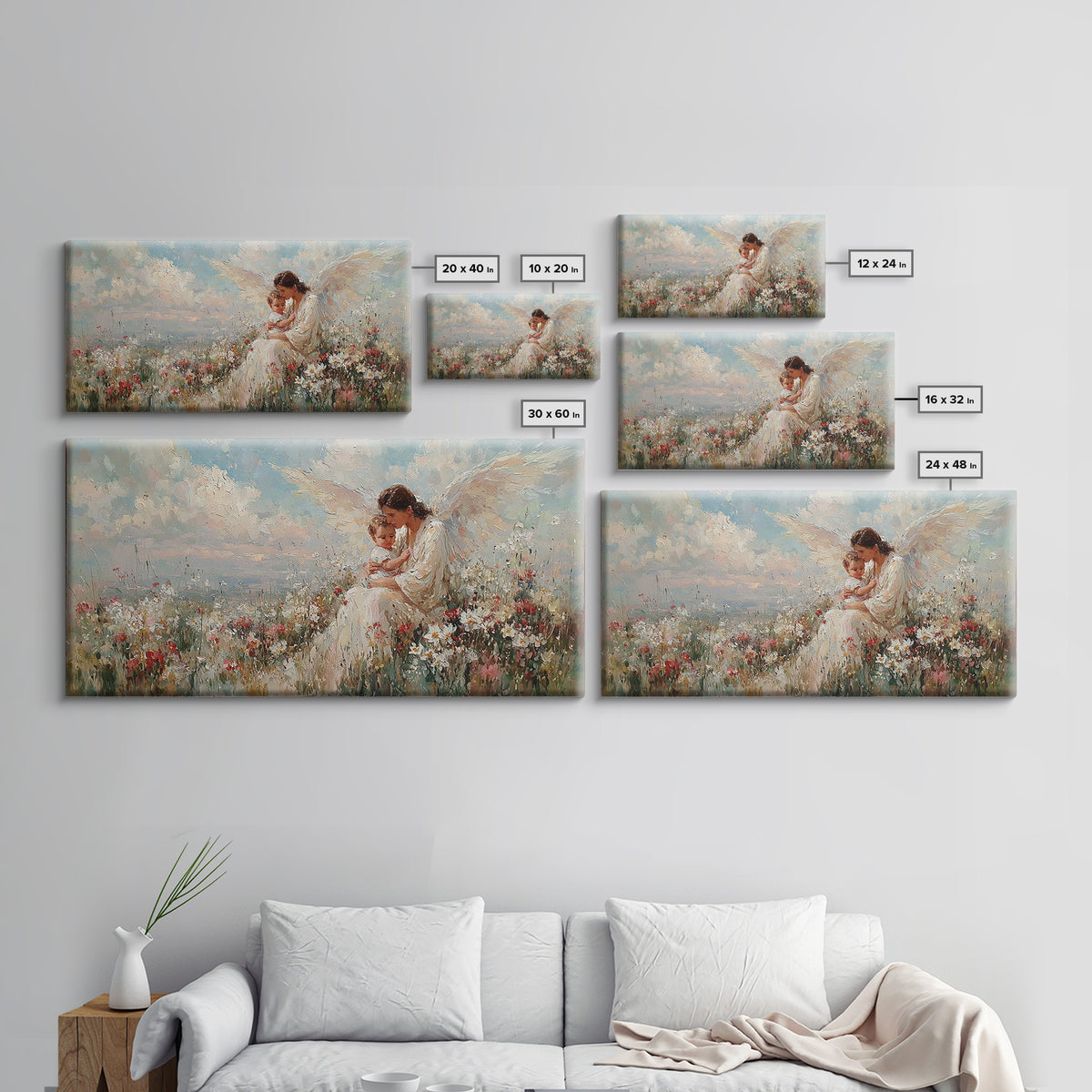 Guardian Angel Mother With Child In Flowers Framed Canvas Print, Heavenly Wall Art, Spiritual Nursery Decor, Gift For Her