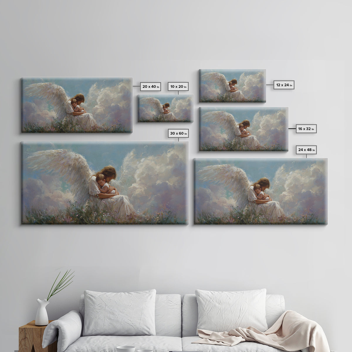 Guardian Angel Embracing Child In Clouds Wall Art, Heavenly Framed Canvas Print, Christian Nursery Decor, Sympathy Gift For Her