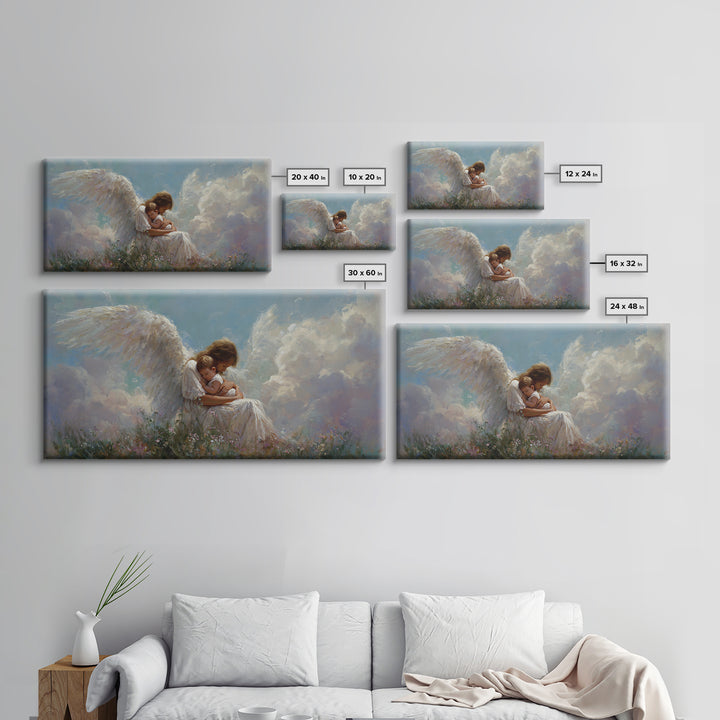 Guardian Angel Embracing Child In Clouds Wall Art, Heavenly Framed Canvas Print, Christian Nursery Decor, Sympathy Gift For Her