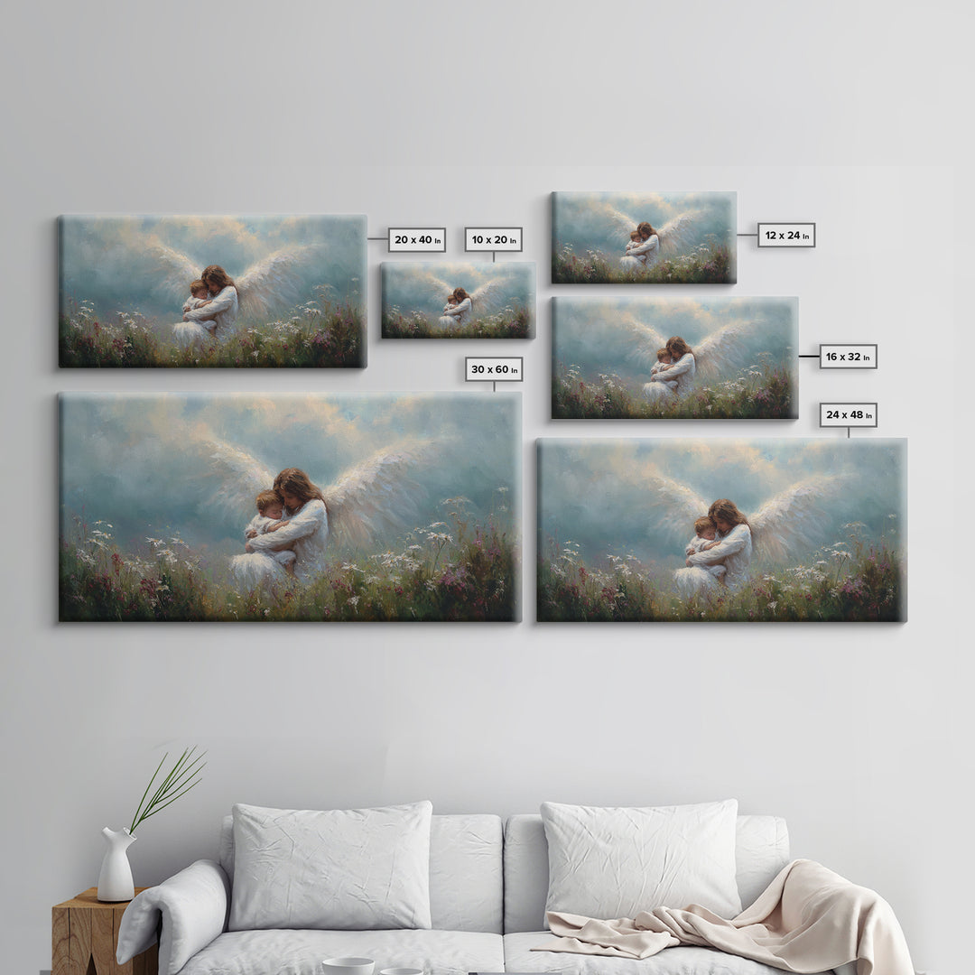 Guardian Angel Embracing Baby In Wildflower Meadow Framed Canvas Print, Christian Nursery Wall Art, Gift For Mom, Spiritual Home Decor