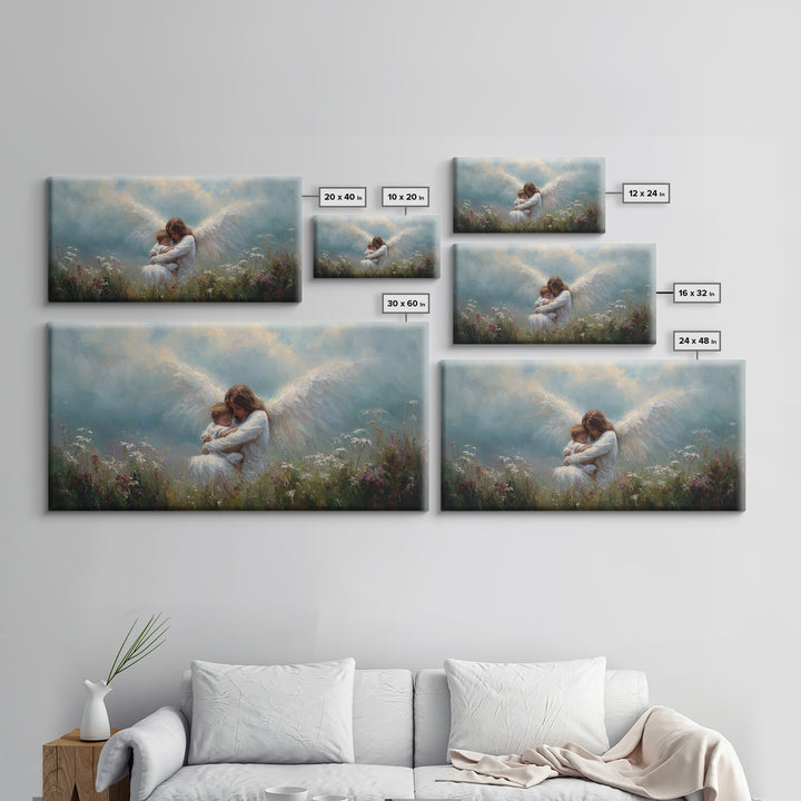 Guardian Angel Embracing Baby In Wildflower Meadow Framed Canvas Print, Christian Nursery Wall Art, Gift For Mom, Spiritual Home Decor