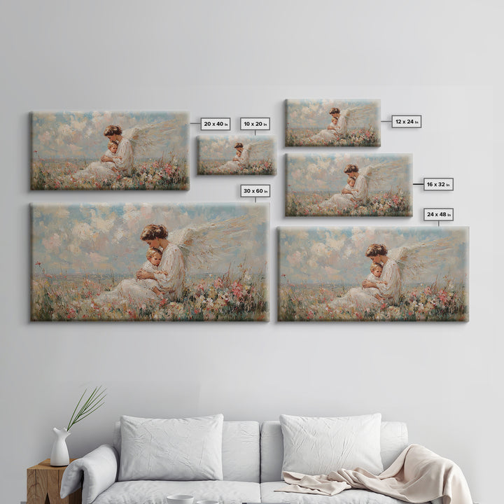 Seated Guardian Angel With Infant In Pastel Wildflowers Canvas Print, Christian Wall Art, Nursery Decor, Baby Shower Gift