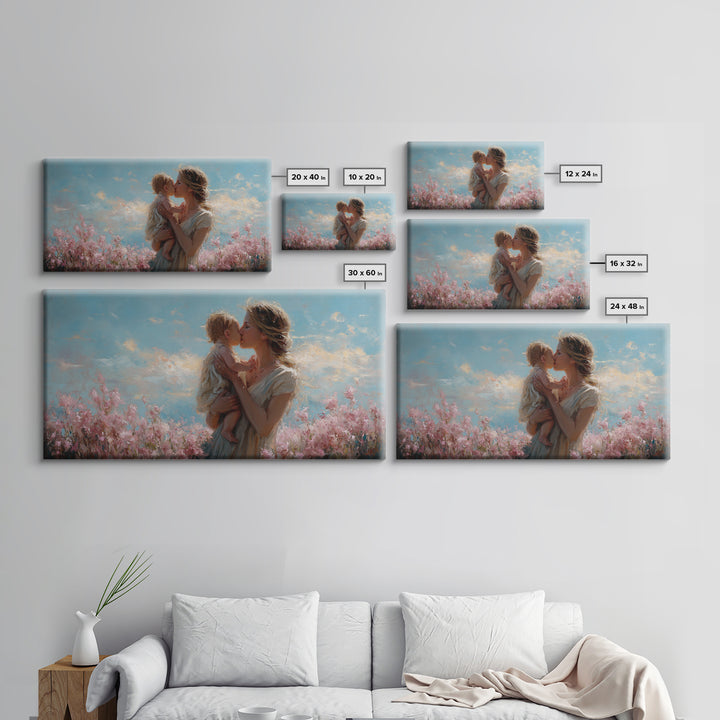 Tender Mother Kissing Child Among Pink Blossoms Wall Art, Feminine Nursery Decor, Mothers Day Gift, Living Room Art, Home Decor