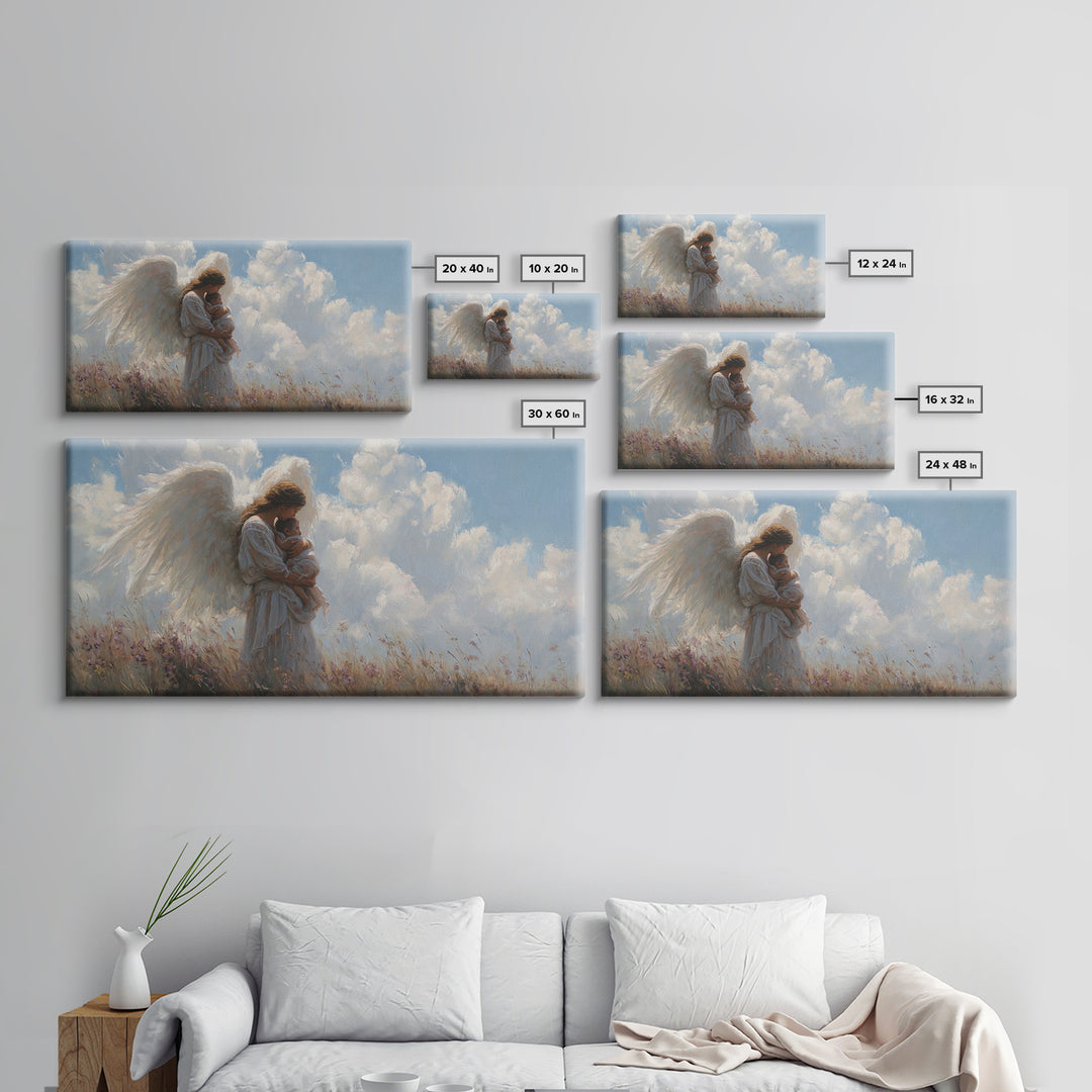 Angel Mother Cradling Baby Beneath Bright Clouds Framed Canvas Print, Christian Wall Art, Nursery Decor, Spiritual Gift For Her
