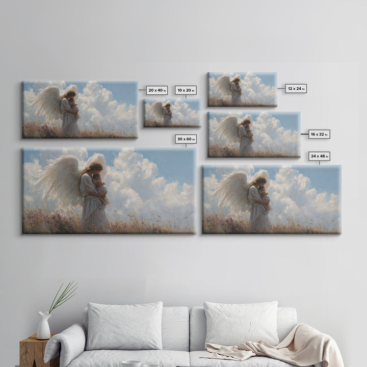 Angel Mother Cradling Baby Beneath Bright Clouds Framed Canvas Print, Christian Wall Art, Nursery Decor, Spiritual Gift For Her
