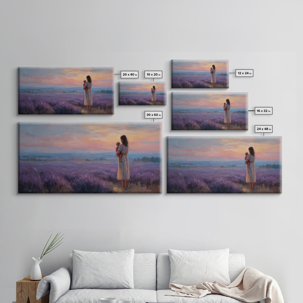 Mother Holding Baby At Lavender Field Sunset Canvas Print, Purple Landscape Wall Art, Mothers Day Gift, Bedroom Decor, Home Decor