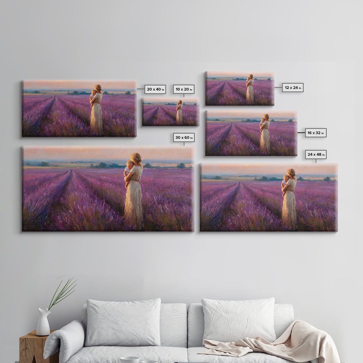Mother And Baby In Lavender Rows At Golden Sunset Framed Canvas Print, Provence Landscape Wall Art, Gift For Mom, Home Decor