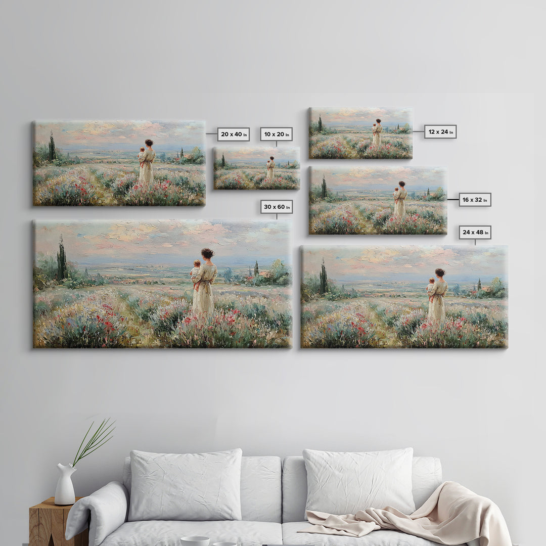 Mother With Baby Over Tuscan Wildflower Valley Canvas Print, Italian Countryside Wall Art, Mothers Day Gift, Living Room Decor