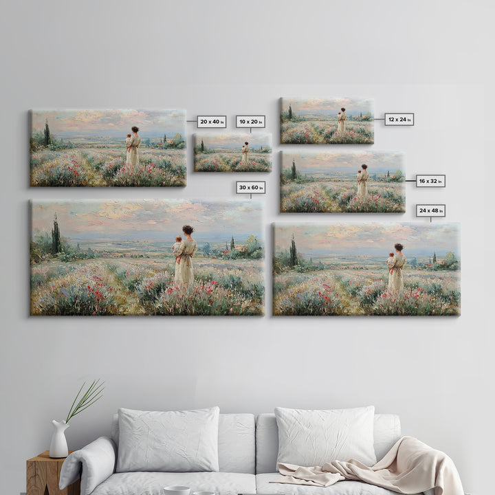 Mother With Baby Over Tuscan Wildflower Valley Canvas Print, Italian Countryside Wall Art, Mothers Day Gift, Living Room Decor