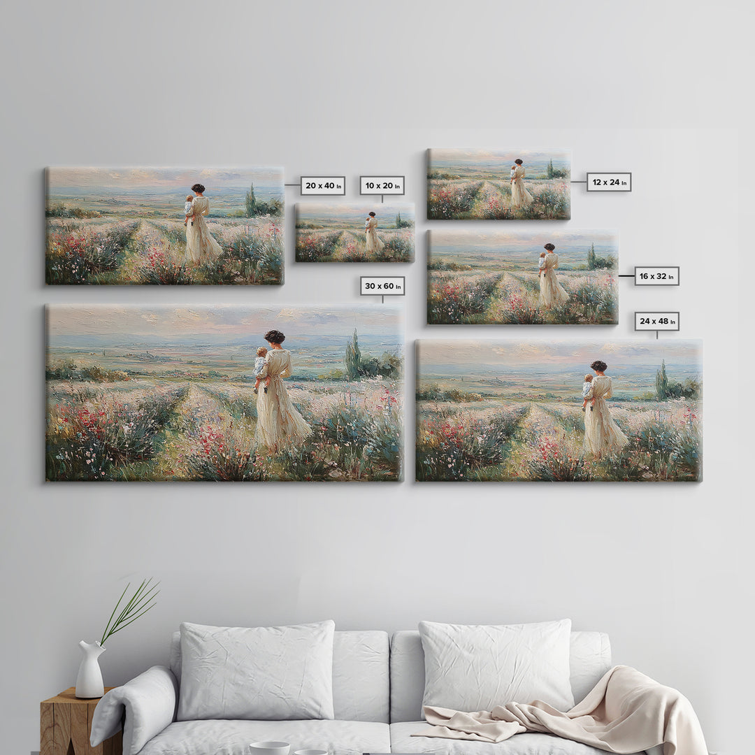 Mother Holding Baby Beside Tuscan Garden Path Wall Art, Italian Landscape Print, Framed Canvas Print, Housewarming Gift, Home Decor