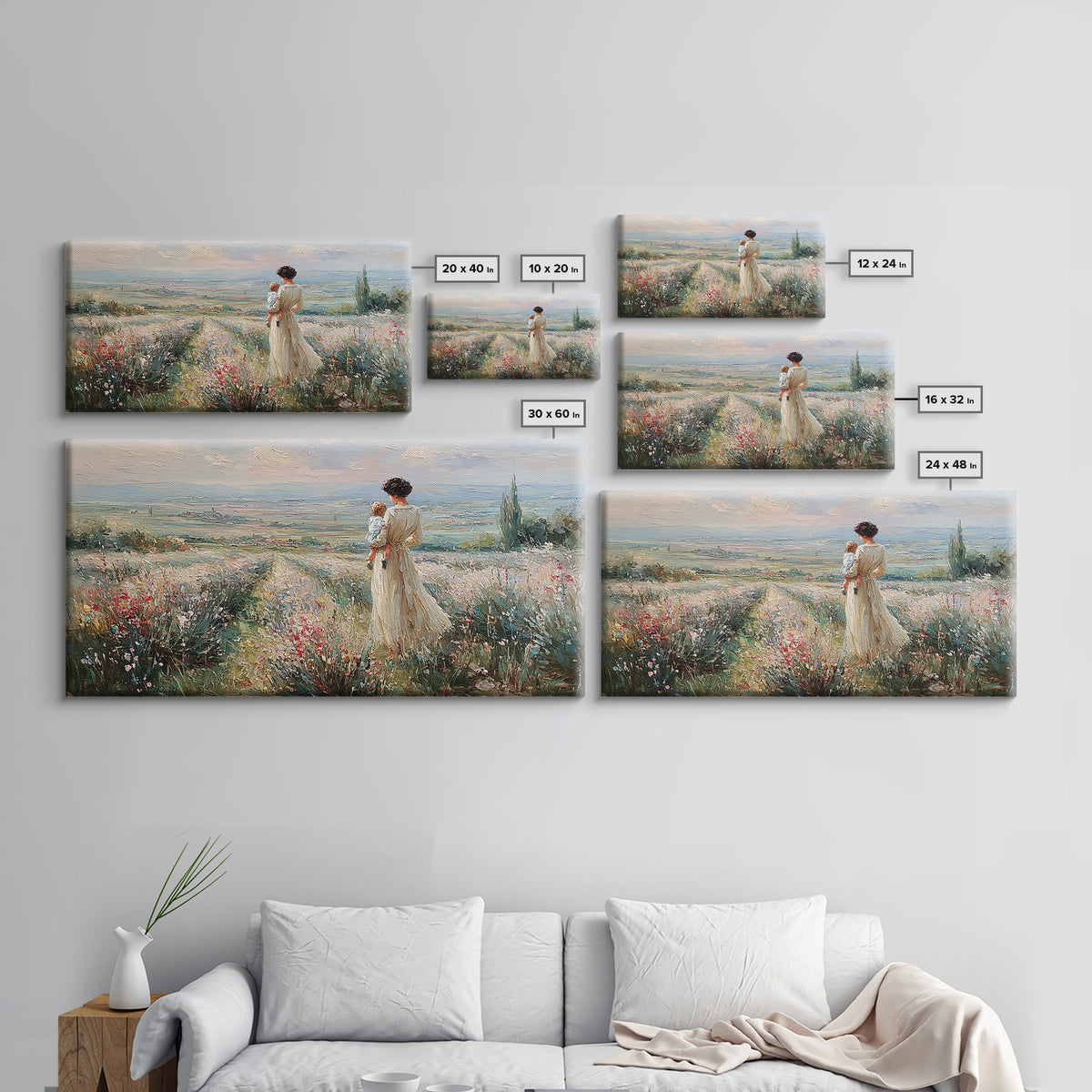 Mother Holding Baby Beside Tuscan Garden Path Wall Art, Italian Landscape Print, Framed Canvas Print, Housewarming Gift, Home Decor