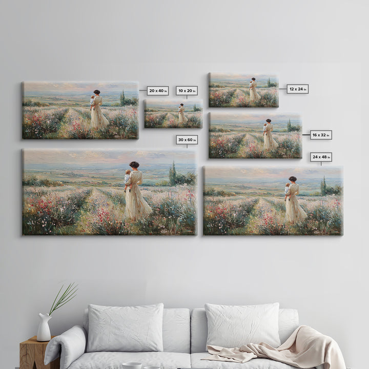 Mother Holding Baby Beside Tuscan Garden Path Wall Art, Italian Landscape Print, Framed Canvas Print, Housewarming Gift, Home Decor