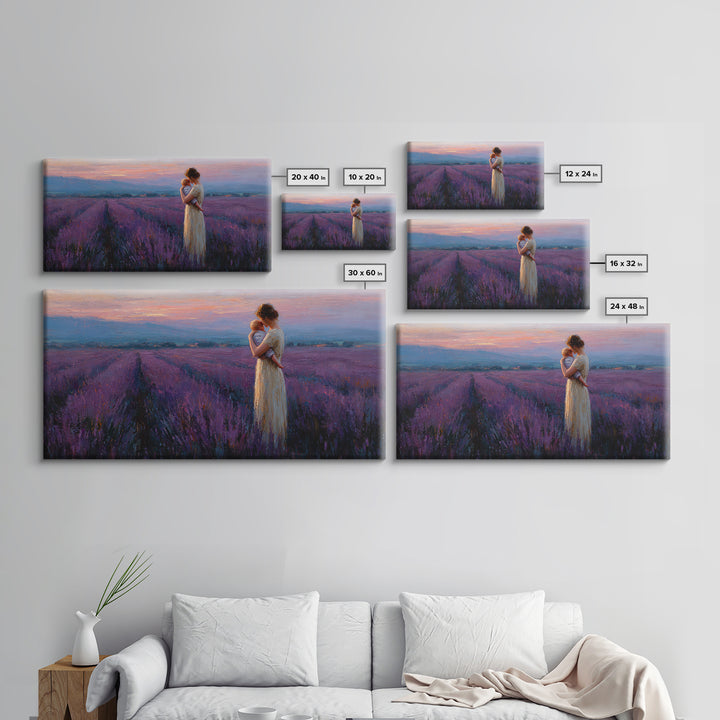 Mother And Baby In Lavender Field At Rose Dusk Canvas Print, Purple Landscape Wall Art, Mothers Day Gift, Romantic Home Decor