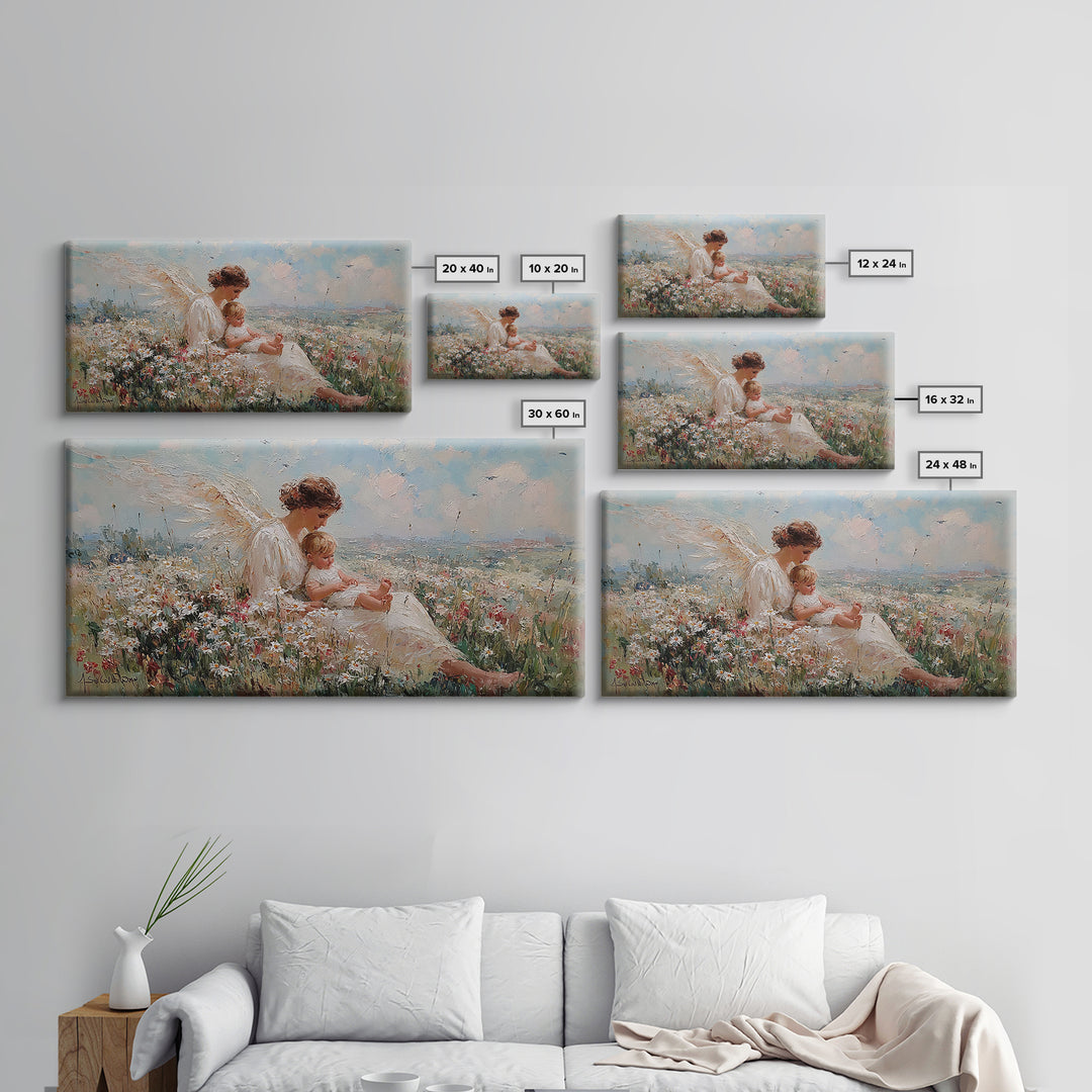 Seated Angel Holding Baby In Daisy Wildflower Meadow Framed Canvas Print, Christian Nursery Wall Art, Spiritual Home Decor