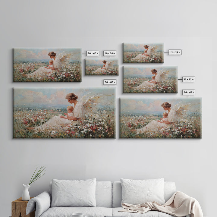 Angel Mother And Baby Over Wildflower Hills Canvas Print, Christian Wall Art, Nursery Decor, Housewarming Gift For Her, Living Room Decor