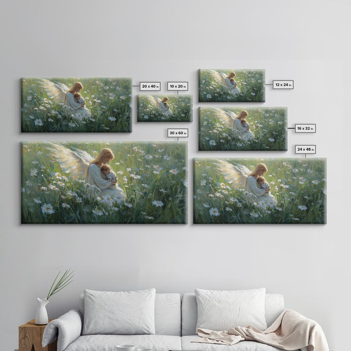 Golden Winged Mother And Sleeping Child In Daisy Field Framed Canvas Print, Christian Nursery Wall Art, Calming Bedroom Decor