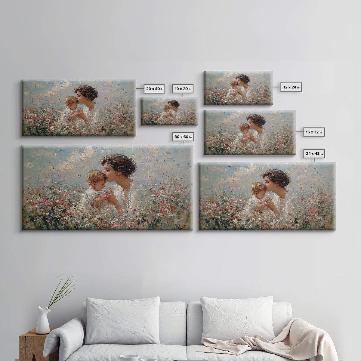Mother Kissing Baby Among Wildflowers Wall Art, Impressionist Christian Art Print, Nursery Decor, Gift For Mom, Living Room Wall Art