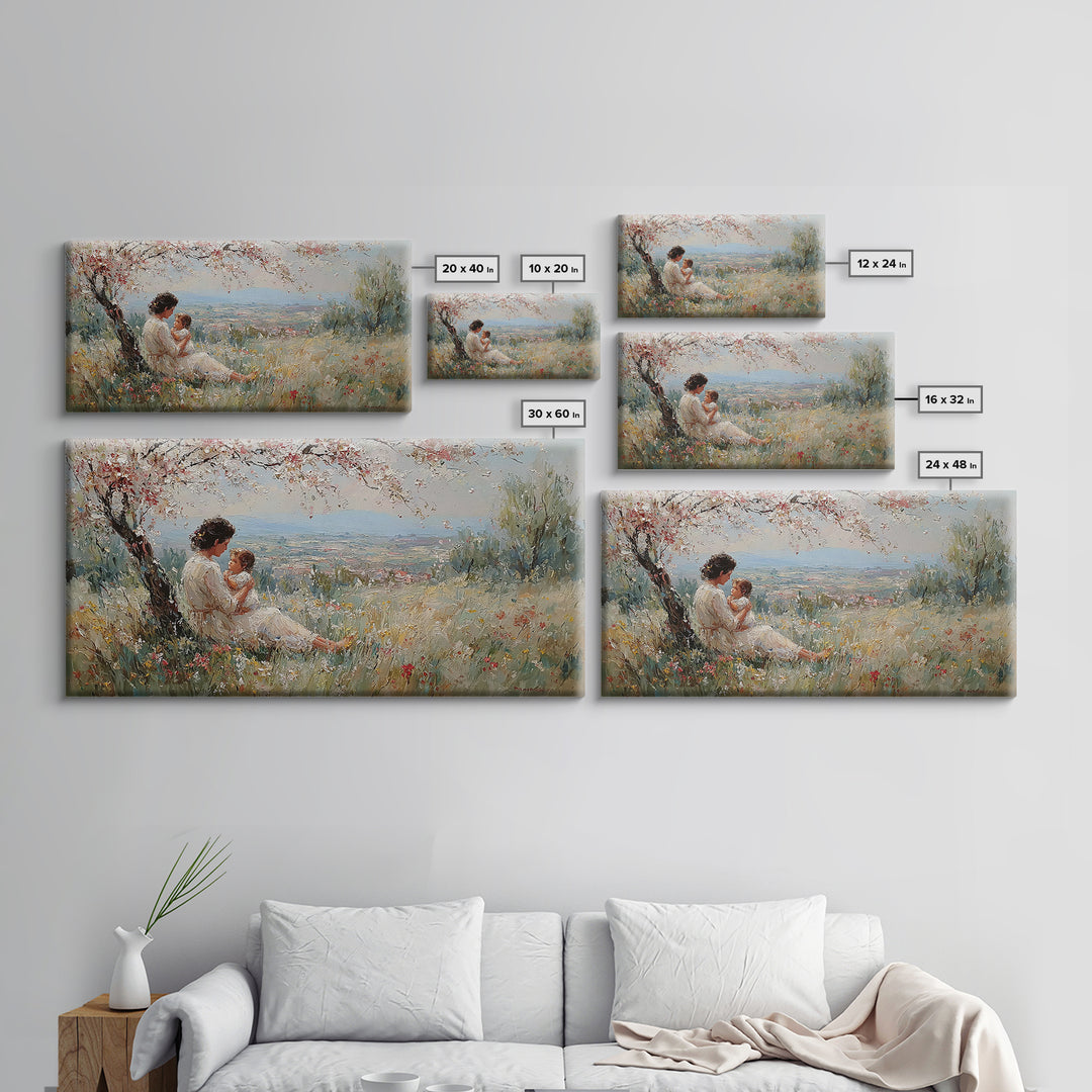 Mother And Child In Blooming Hillside Meadow Canvas Print, Spring Wall Art, Feminine Nursery Decor, Housewarming Gift, Living Room Decor