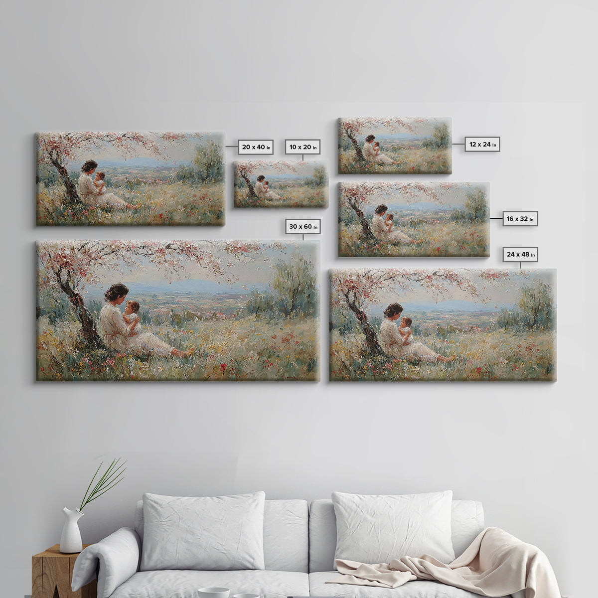 Mother And Child In Blooming Hillside Meadow Canvas Print, Spring Wall Art, Feminine Nursery Decor, Housewarming Gift, Living Room Decor