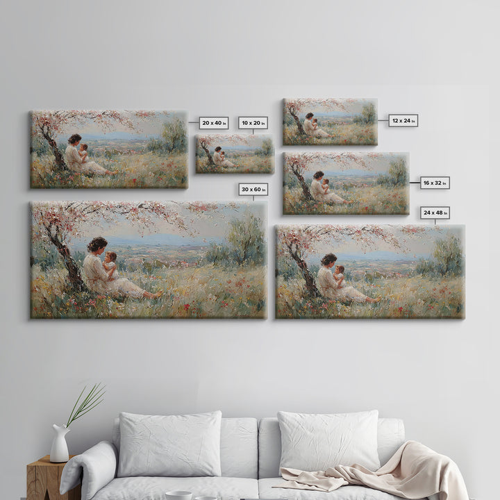 Mother And Child In Blooming Hillside Meadow Canvas Print, Spring Wall Art, Feminine Nursery Decor, Housewarming Gift, Living Room Decor