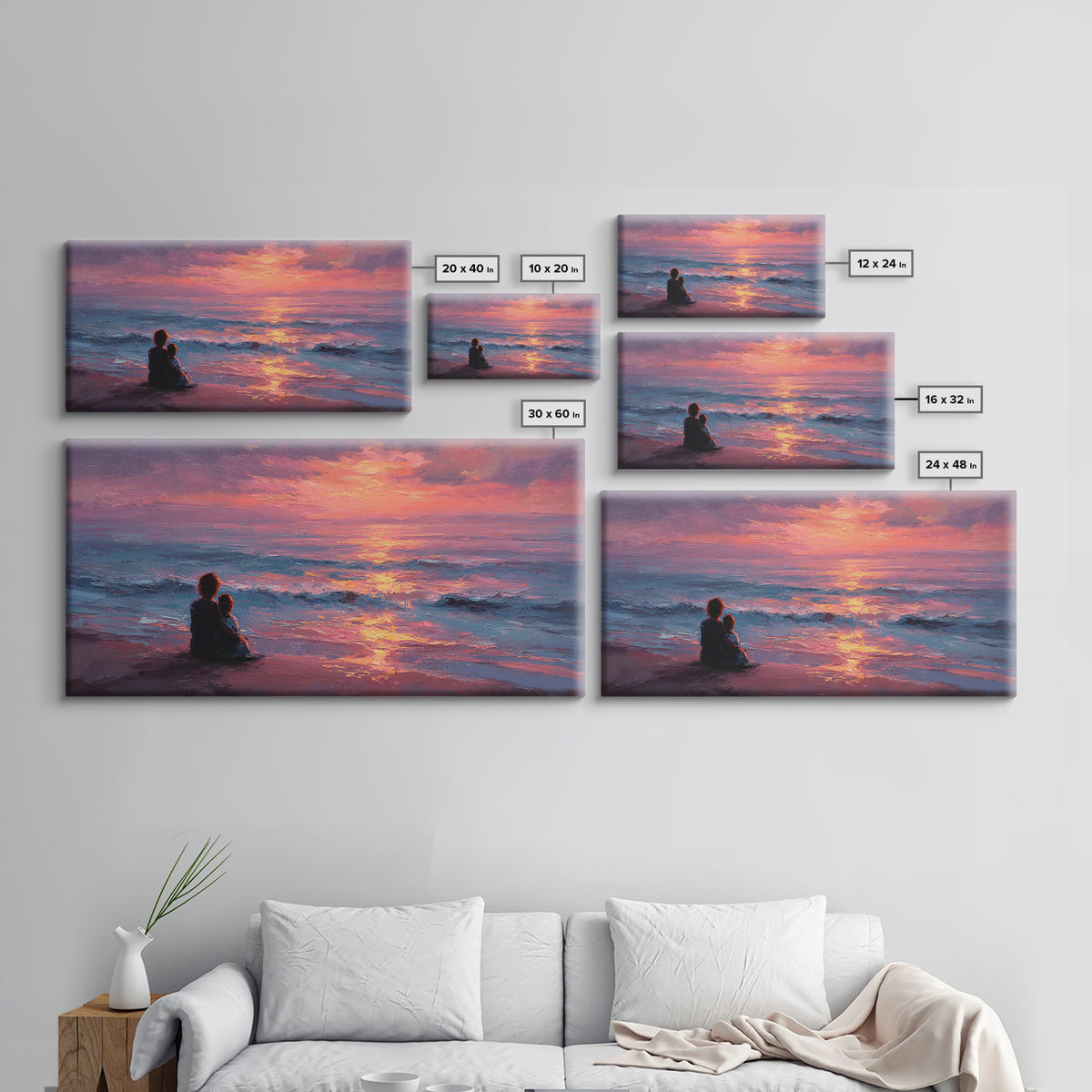 Mother And Child Watching Ocean Sunset Wall Art, Coastal Beach Canvas Print, Gift For Mom, Nursery Decor, Bedroom Wall Decor