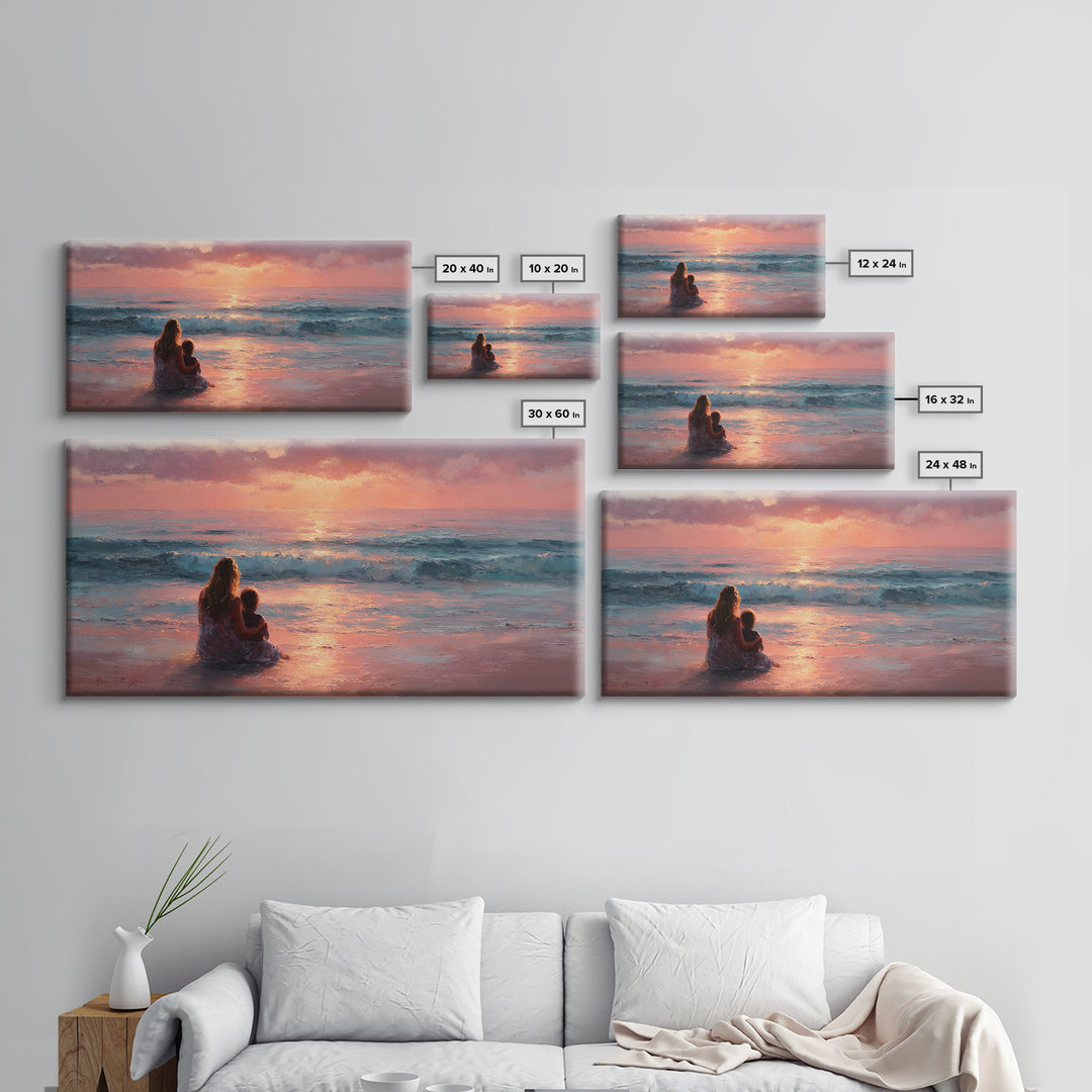 Mother And Child By Pink Ocean Sunset Wall Art, Coastal Seascape Canvas Print, Gift For Mom, Nursery Decor, Living Room Art