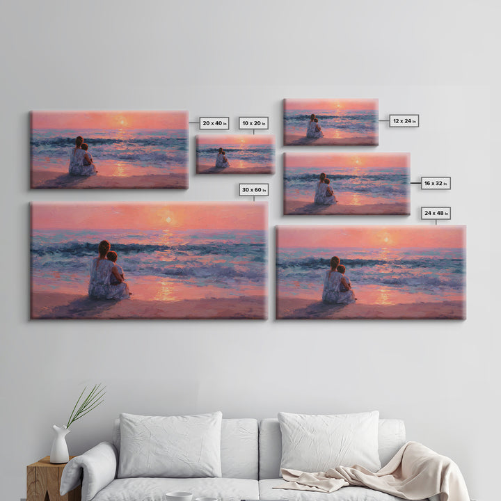 Mother Holding Baby At Rose Ocean Sunset Wall Art, Coastal Canvas Print, Nursery Decor, Gift For Mom, Romantic Bedroom Art