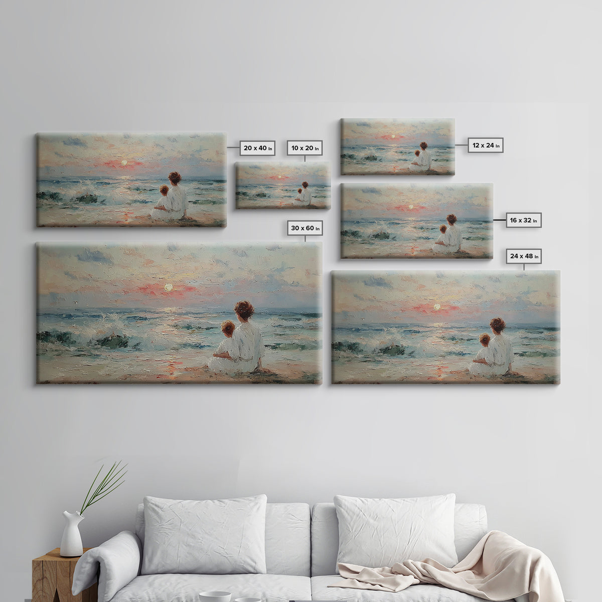 Mother And Child Seaside Sunrise Framed Canvas Print, Pastel Coastal Wall Art, Nursery Decor, Gift For Mom, Beach House Decor