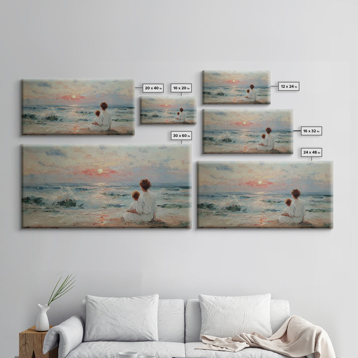 Mother And Child Seaside Sunrise Framed Canvas Print, Pastel Coastal Wall Art, Nursery Decor, Gift For Mom, Beach House Decor