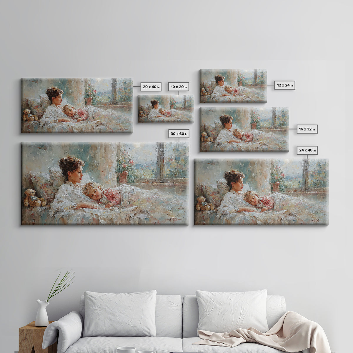 Mother And Child Morning Bedtime Wall Art, Impressionist Canvas Print, Nursery Decor, Gift For Mom, Cozy Bedroom Wall Decor
