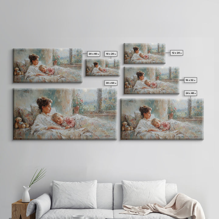Mother And Child Morning Bedtime Wall Art, Impressionist Canvas Print, Nursery Decor, Gift For Mom, Cozy Bedroom Wall Decor