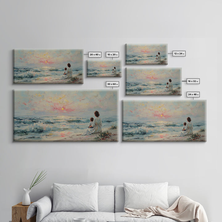 Mother And Child Watching Pastel Sea Sunset Wall Art, Coastal Framed Canvas Print, Nursery Decor, Gift For Mom, Beach Decor