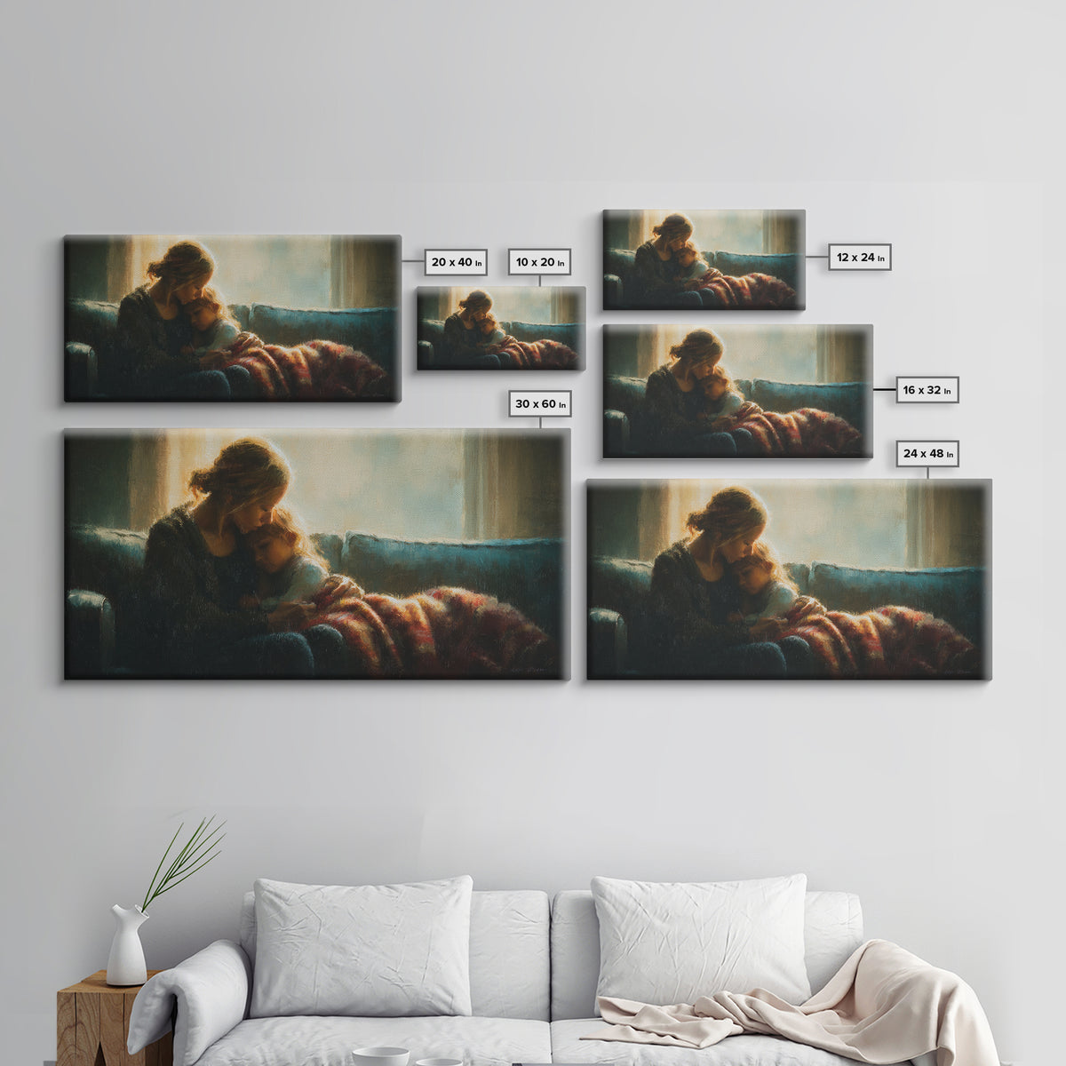 Mother Cuddling Child By Window Wall Art, Moody Bedroom Canvas Print, Nursery Decor, Gift For Mom, Cozy Home Decor, Fine Art
