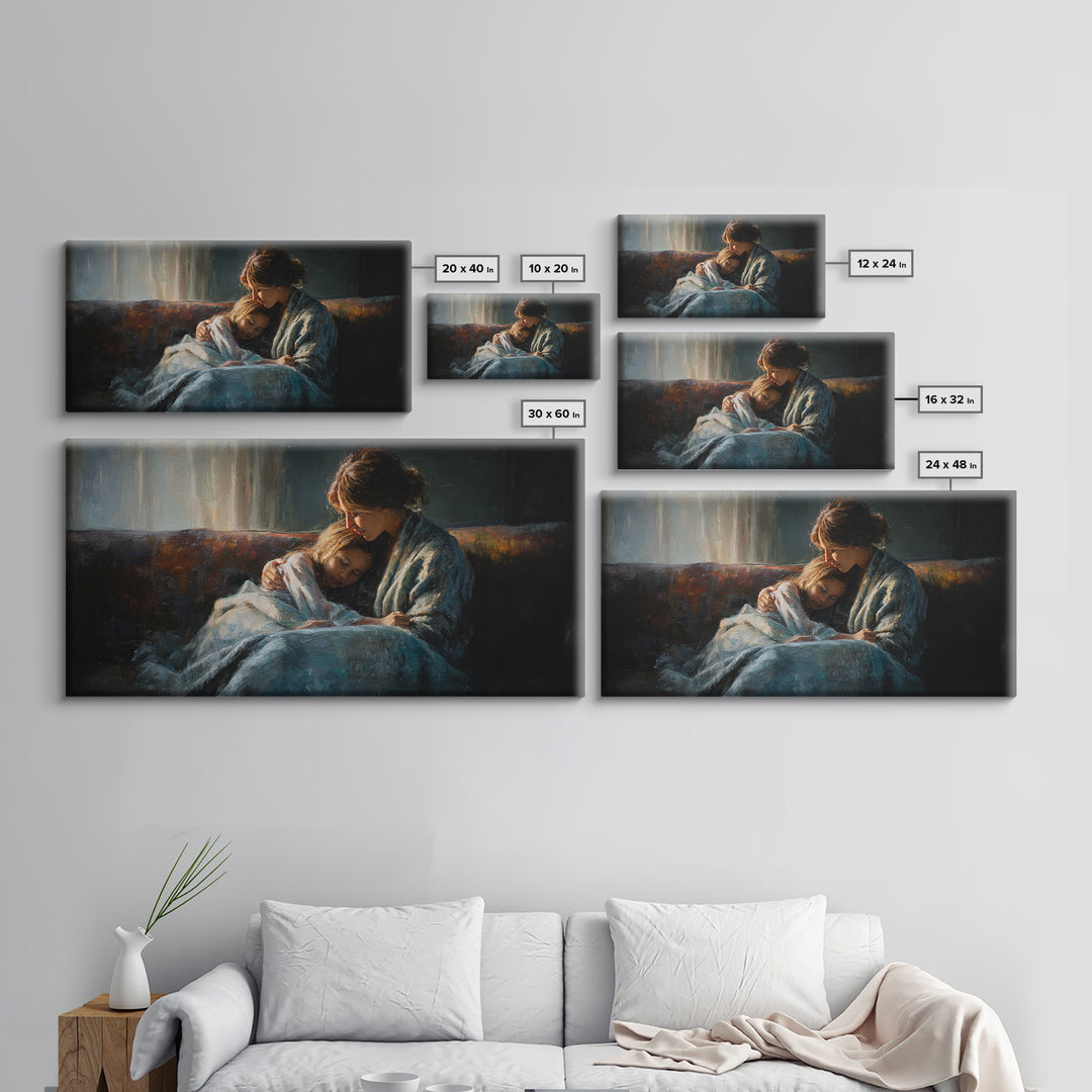 Mother And Sleeping Child Canvas Print, Moody Impressionist Wall Decor, Cozy Bedroom Art, Gift For Her, Warm Home Decor Print