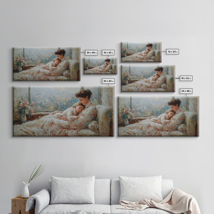 Tender Mother And Child Framed Canvas Print, Soft Impressionist Wall Art, Nursery Decor, Bedroom Wall Decor, Gift For Mom