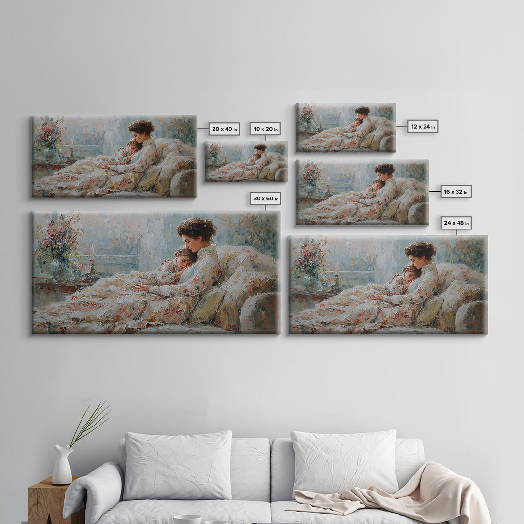 Mother And Child Floral Blanket Wall Art, Impressionist Canvas Print, Cozy Nursery Decor, Feminine Bedroom Art, Gift For Her
